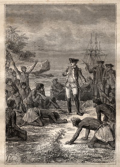 Cookovo přijetí domorodci - Třetí plavba Jamese Cooka - Cook vítán domorodci - Třetí plavba Jamese Cooka v Tichém oceánu - ilustrace převzata z „Velkých námořníků 18. století“ od Julese Verna od French School