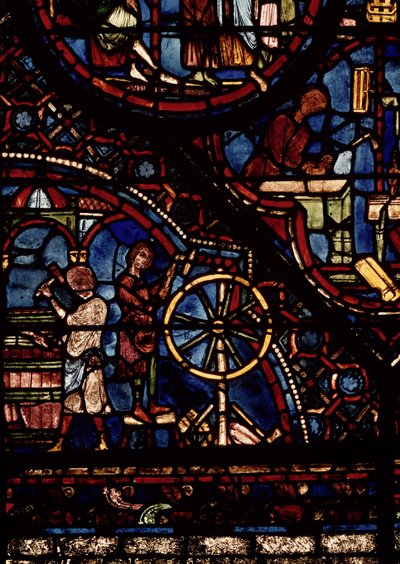 Bednáři při práci, detail z okna Života sv. Juliana špitálního v severní ambulantní ambulanci od French School