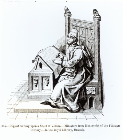 Copyist Writing on a Sheet of Vellum, z rukopisu, ilustrace z vědy a literatury ve středověku a renesanci, napsal a vyryl Paul Lacroix, 1878 (č. p. od French School