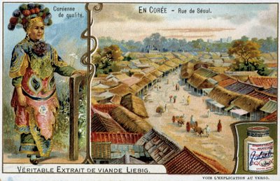 Coree: Seoul Street a ženský kostým - chromo Liébig, v.1900 od French School