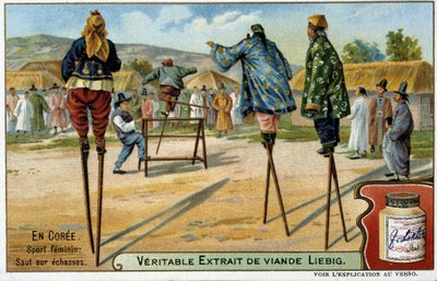 Coree: ženský sport skákání na chůdách - chromo Liébig, v.1900 od French School