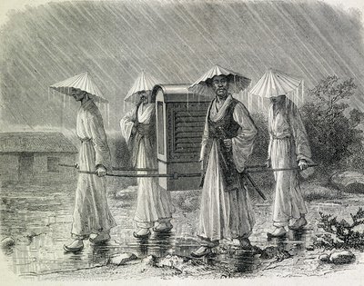 Coreens se obléká do palanquinu (pláštěnka coreens) a nese židli. Ilustrace převzata z knihy "Výprava do Koreje" od pana H. Zubera, bývalého námořního důstojníka (1866) - v časopise "Tour du Monde". od French School