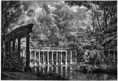 Korintská kolonáda kolem oválné pánve v Parc de Monceau v Paříži od French School