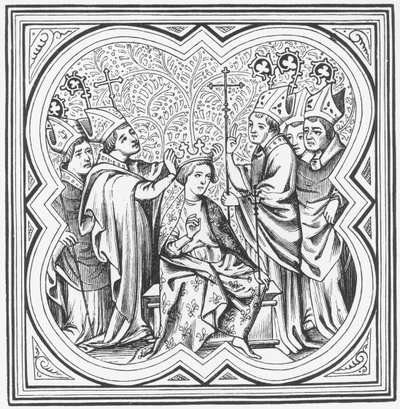 Korunovace Karla Velikého (742-814) podle miniatury v Chronicles of St. Denis od French School