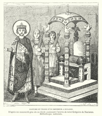 Kostým a trůn byzantského císaře, 9. století (rytina) od French School