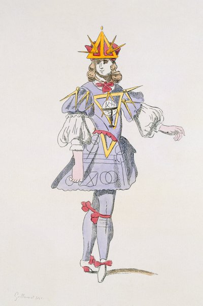 Kostýmní návrh pro Geometry v dvorním baletu 17. století z kolekce Menus Plaisirs, faksimile A. Guillaumot Fils (barevná rytina) od French School