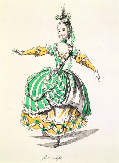 Kostýmní návrh pro Phrygienne, in Dardanus, libreto Leclerc de Labruere, složil Jean-Philippe Rameau (1683-1764), faksimile A. Guillaumot Fils (barevná rytina) od French School