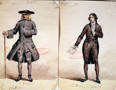 Kostýmní návrh pro první inscenaci Chatterton od Alfreda de Vigny (1791-1863): Quaker a Geffroy jako Chatterton, 1835 (wc na papíře) od French School