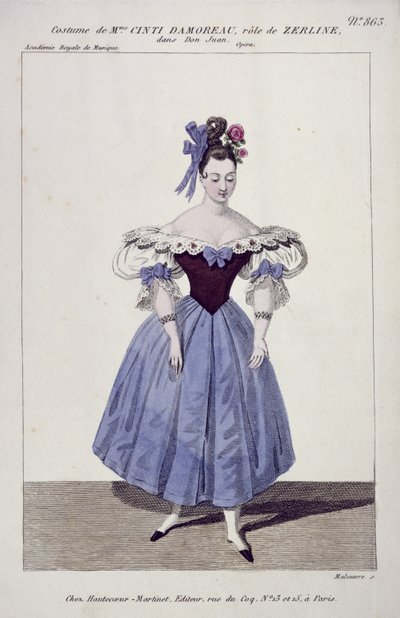 Kostým pro madame Cinti Damoreau v roli Zerliny v Donu Giovannim, rytina Maleuvre, tisk Hautecoeur-Martinet od French School