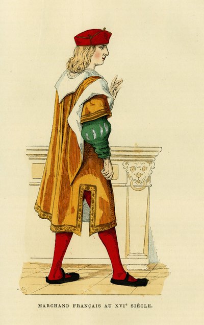 Kostým francouzského obchodníka v 17. století.Barevná rytina v knize "France et les francais a travers les centuries" od Augustina Challamela, editor F.Roy, Paříž 1882. Sbírka Selva. od French School
