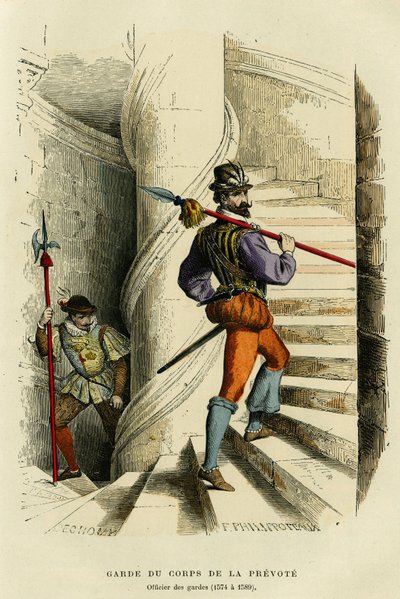 Kostým osobního strážce prevota, následovaný důstojníkem stráže (1574 a 1589). Barevná rytina, v „France et les francais a travers les siecles““ od Augustina Challamela, editora F. Roye, Paris 1882. Selva Collection. od French School