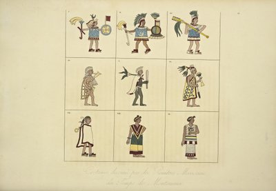 Kostýmy navržené mexickými malíři doby Montezumy, ilustrace z Vues des Cordillères et Monumens des Peuples Indigènes de lAmérique od Alexandra von Humboldta a Aime Bonpland, 1 od French School