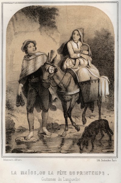Kostýmy z Languedocu - Maios nebo jarní festival - rytina do „“ZDROJE VZPOMÍNEK MÉHO STRÝČE A CESTOVNÍCH RECITTS“ od MORING MICHELA – konec 19. století od French School