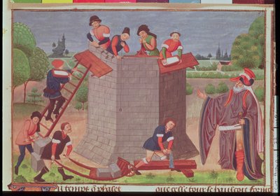 Cott Aug V fol. 22 Stavba babylonské věže, miniatura z „Le Tresor des Histoires“ (vellum) od French School