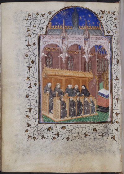 Cott Dom A XVII f.122v Černí bratři v rouchu zpívající ve sboru, z žaltáře Jindřicha VI., Paříž, kolem 1420 (vellum) od French School
