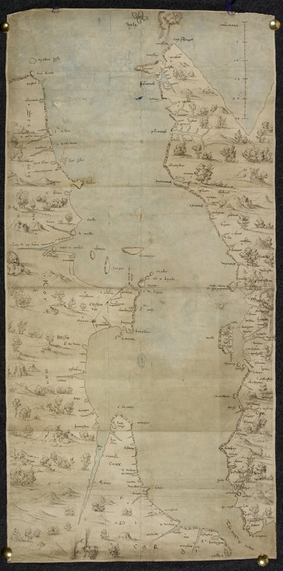 Cotton Augustus I ii f.65 Mapa Lamanšského průlivu (anglické jižní pobřeží a francouzské severní pobřeží) od Jean Rotz od French School
