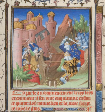 Cotton Nero E II pt.1, f.222, bitva Ludvíka VII. a jeho otce, z Grandes Chroniques de France od French School