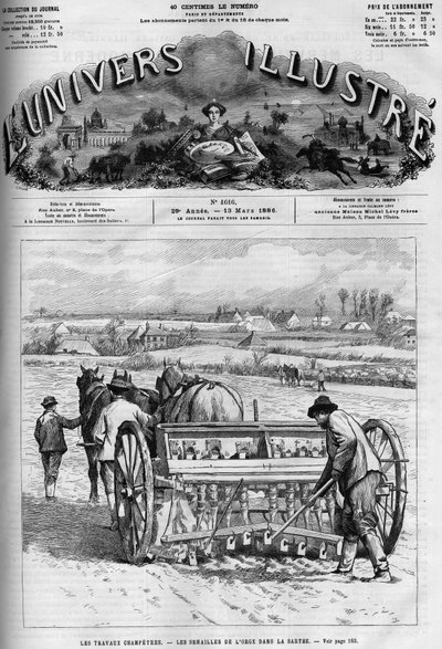 Venkovské práce: setí ječmene v Sarthe. Noviny. Gravírování v „“ Le Monde Illustré“, 13. března od French School