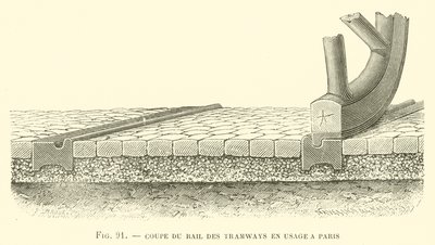 Část kolejnice tramvají v provozu v Paříži (rytina) od French School
