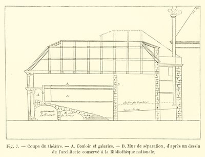 Část divadla, chodba a galerie, dělicí stěna, z kresby architekta uchovávané v Národní knihovně od French School
