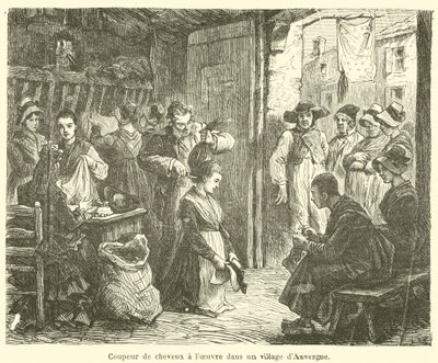 Kadeřník při práci ve vesnici v Auvergne (rytina) od French School