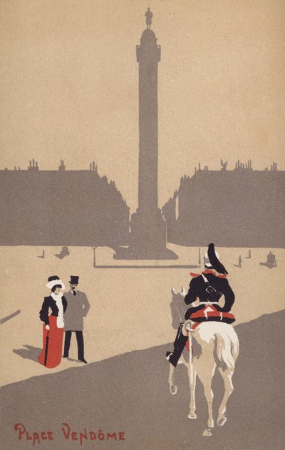 Pár pozoruje francouzského jízdního vojáka na náměstí Vendome v Paříži ve Francii (barevná litografie) od French School