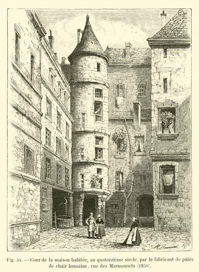 Nádvoří domu obývaného ve čtrnáctém století výrobcem těstovin z lidského masa, rue des Marmousets, 1850 od French School