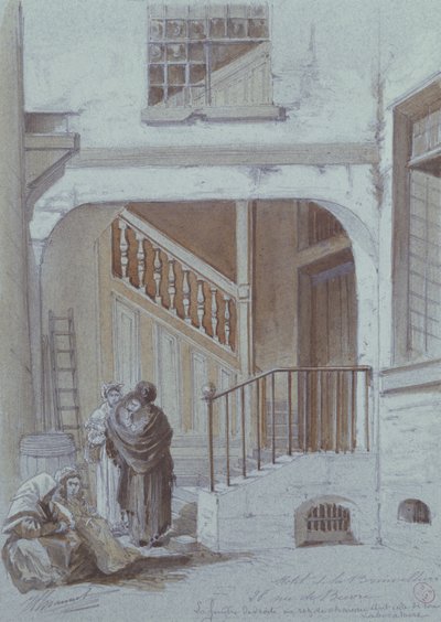 Nádvoří a laboratoř markýzy de Brinvilliers, 28 rue de Bievre, Paříž (křída a kvaš na papíře) od French School