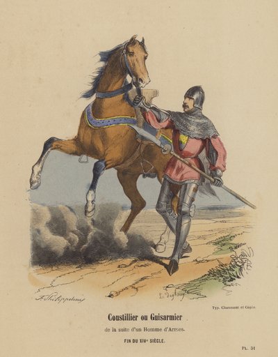 Coustillier nebo Guisarmier v apartmá muže ve zbrani, konec 14. století (barevná rytina) od French School