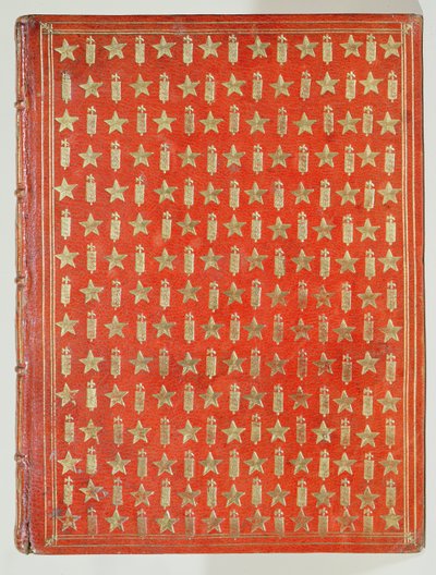 Obálka knihy, kterou vlastní kardinál Mazarin, s povrchovou úpravou zobrazující kardinálské emblémy hvězd a fasces, 1644 (kůže a zlacení) od French School