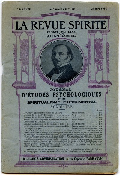 Obálka řady „“ La revue spirite “, portrét zakladatele Allana Kardece, časopis z října 1931 od French School