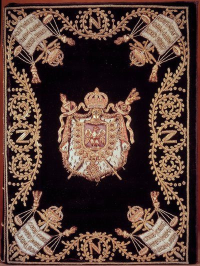 Obálka jednoho z dvanácti původních vydání „Code civil des francais““ vyhlášeného Napoleonem Bonapartem dne 21.3.1804. Je vázaná v sametové výšivce ze zlata a stříbra se znakem spravedlnosti a pažemi císaře. Francouzský zákon o občanských právech. B.N od French School