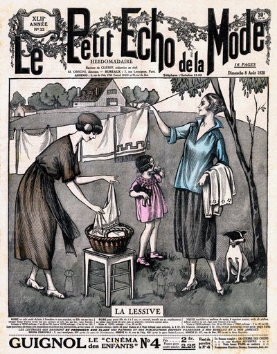 Obálka novin "" Le petit echo de la mode "" la prací prostředek - dvě ženy s dívkou a psem rozprostřely prádlo usušené na niti venku, č. 32 z 8. srpna od French School