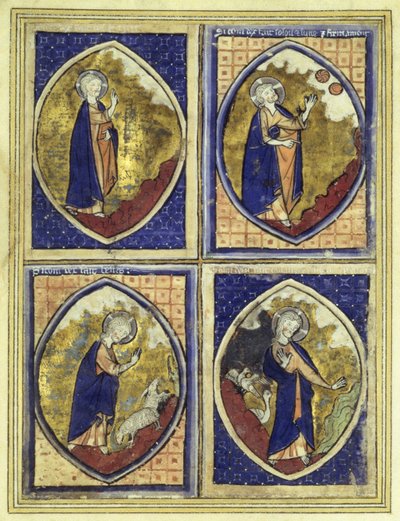 Stvoření nebeské klenby, stvoření slunce a měsíce, stvoření zvířat, stvoření ptáků, konec 13. od French School
