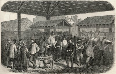 Výroba řeznického masa na trhu rue des Prouvaires v 1. pařížském obvodu – rytina v „Tableau-de-Paris““ od Edmonda Texiera 1852 od French School