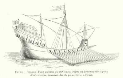 Náčrt galéry ze 16. století, malba temperou na dveřích skříně, zachovaná v paláci Doria, v Janově (rytina) od French School