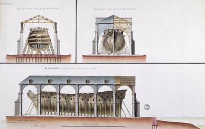 Příčný řez a nárys lodi, 1776 (pero a inkoust a wc na papíře) od French School