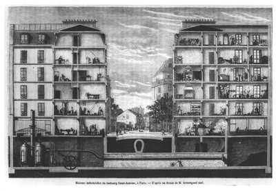 Průřez průmyslovými domy ve Faubourg Saint-Antoine v Paříži, ilustrace z Le Magasin Pittoresque, 1885 od French School