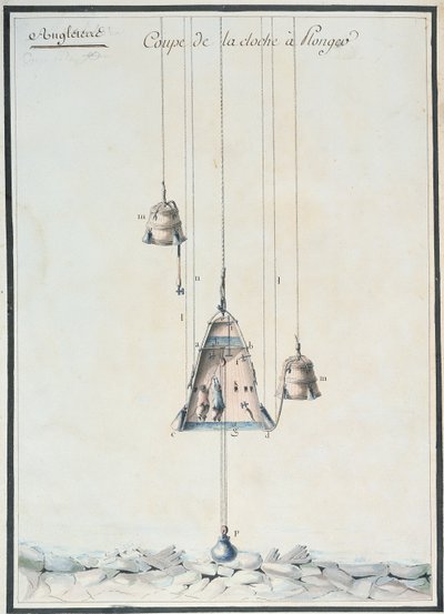 Nákres v řezu potápěčského zvonu, 1785 (wc na papíře) od French School