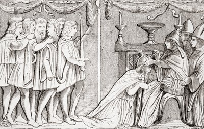 Korunování Zikmunda jako císaře Svaté říše římské papežem Evženem IV v roce 1433, z L"Histoire Universelle Ancienne et Moderne, vydané ve Štrasburku kolem roku 1860 od French School