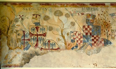 Křížová výprava: odjezd rytířů na křížovou výpravu: reprezentace svatého Jiří a Huga I. z Vermandois (1057-1102) (?) nebo Huga XII. z Lusignanu (?). Detail fresky od Saint Jacques de Gueret od French School