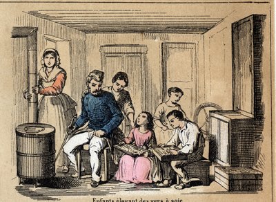 Popis kultury a výrobky z hedvábí: děti chovající bource morušového. Talíř “” la soie”” v “” les Recreations instructives”” Synoptický obraz od Julese DELBRUCKA, rytina z roku 1860. Soukromá sbírka. od French School