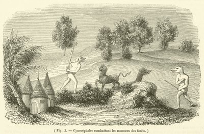 Cynocephales bojující s lesními příšerami (rytina) od French School