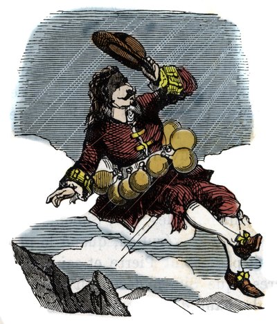 Cyrano de Bergerac stoupá na oblohu díky lahvičkám růžové růže a plavbě na Měsíc, ilustrace románu Hercules Savinien Cyrano de Bergerac (1619-1655): „“Ostatní svět““ od French School