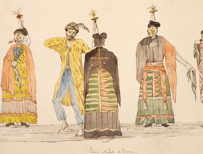 Tanec pocházející z Buru na Molukách, akvarel od Jules-Louis Lejeune, založený na Cestě kolem světa od French School