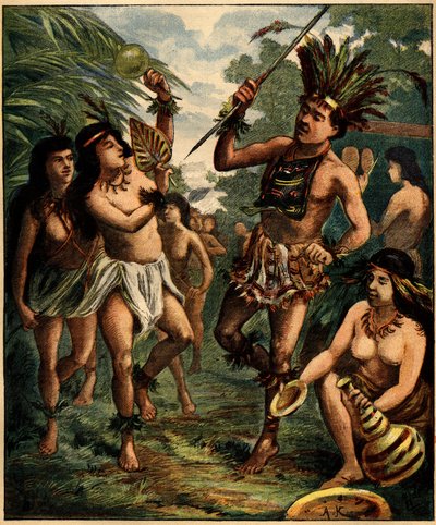 Tanec indiánů Roucouyan v Karibiku. Rytina v „“ La Terre Illustree““ č. 77 z 21. dubna 1892. od French School