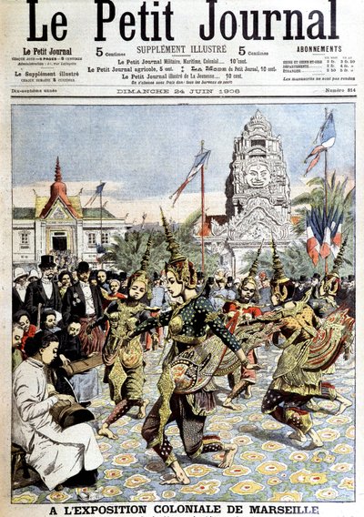 Tanečníci krále Sisowatha předvádějící tanec nymf v lese na koloniální výstavě v Marseille. V „“ Le petit journal““, dne 24. 6. 1906 (rytina) od French School