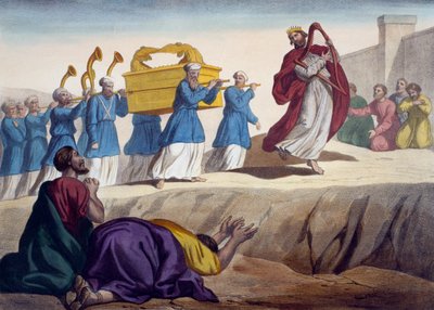 David doprovází archu úmluvy do Jeruzaléma, ilustrace z katechismu LHistoire Sainte, vydal Charles Delagrave, Paříž, konec 19. století od French School