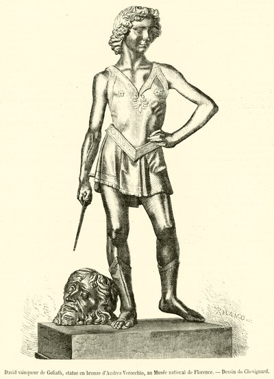 David dobývá Goliáše, bronzová socha Andrea Verocchio, v Národním muzeu ve Florencii (rytina) od French School