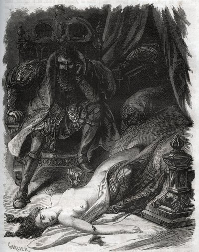 Smrt Francoise de Foix, hraběnky z Chateaubriant (asi 1495-1537), zavražděná svým manželem Jeanem de Laval Comte de Chateaubriant (Laval-Chateaubriant) (1486-1543), který se tak pomstil nevěrcům své ženy. Rytina z roku 1871 v „Histoire Des od French School